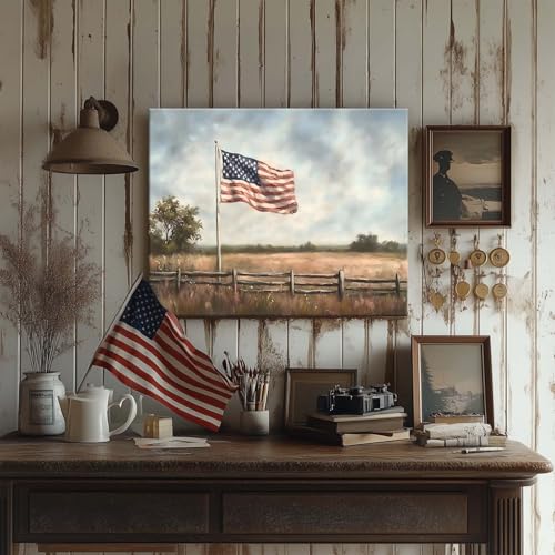 Image of Memorial Day Canvas Wall Art, Rustic American Flag in Countryside Field Poster, Patriotic Landscape Print, Vintage USA Flag Framed Artwork for Veterans and Independence Day Decor 8x10inch