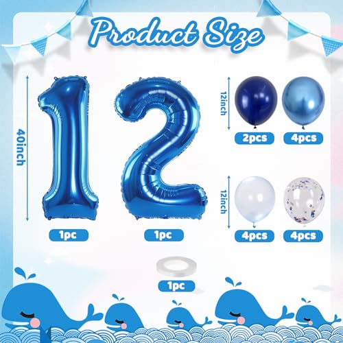 Image of Navy Blue 12th Birthday Giant Self Inflating Number 12 Balloon, Metallic Dark Blue Silver Confetti Foil 40 Inch Helium Balloon for Boys Birthday Party Women Anniversary Decor