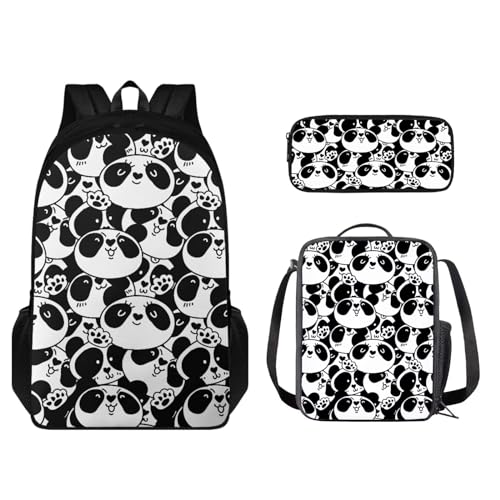 Set zaino per bambini 3 pezzi leggero con borsa per il pranzo e astuccio coordinati Panda carino - bianco nero Taglia unica Zaino per