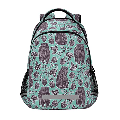 Sac d'école durable motif ours résumé vert | Grand cartable confortable pour élèves du primaire