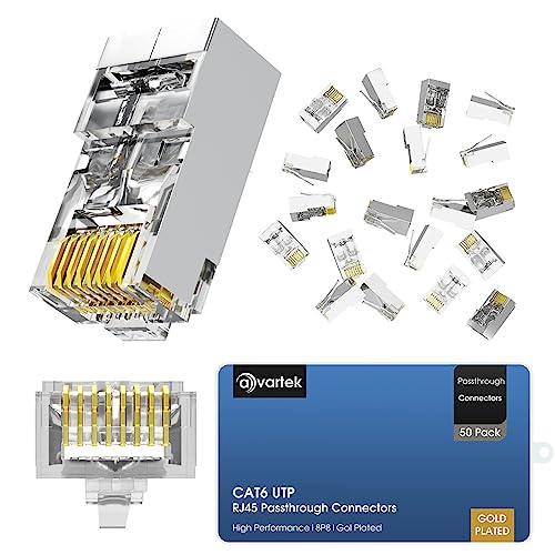 AVARTEK Shielded RJ45 Cat6 CAT6a Pass Through Connectors 50 Pack – Ethernet Gold Plated Connector End Plug For Cat6/Cat5/Cat5e UTP Solid & Stranded Network Cable
