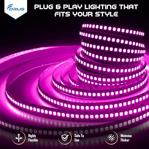 Image of Forus 5 Meter (5M) 10MM Pink LED Strip Light, 240 LEDs /M Plug & Play Flexible Lighting for Home Decor, False Ceiling, Pooja Room, Living Room, Kitchen, Mirror, Stairs, 2-Year Warranty