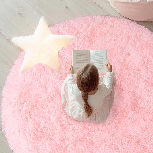 Round Fluffy Pink Rug for Bedroom, 8Ft Large Fuzzy Shag Circle Area Rug for Girls Kids Room Nursery, Soft Non Slip Plush Carpet for Dorm Living Room Home Decor