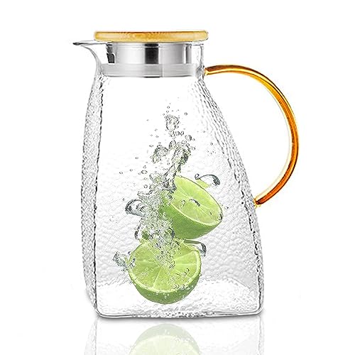 YBCPACK 1.8 Litre Glass Water Jug with Bamboo Lid, Large Heat Resistant Carafe Pitcher with Handle for Hot/Cold Drinks
