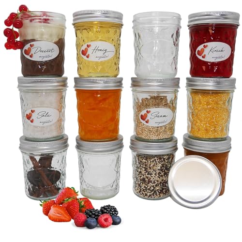 megusta!® 12 tarros de cristal de 200 ml, tapas plateadas, tarros de mermelada, postres, vasos de bebé, yogur para boda, cumpleaños