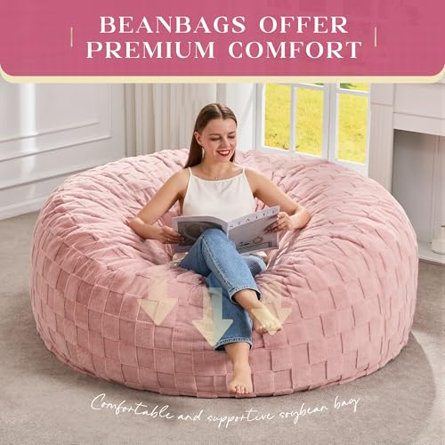 Image of Hobestluk Adults Bean Bag Chair 5FT Big BeanBag Chair Giant Large Oversized | Memory Foam,Washable Cover,Unique Fluffy Plaid,Comfy Adult BeanBag with Filler Lounging Gaming Bedroom Living Room | Pink 5FT