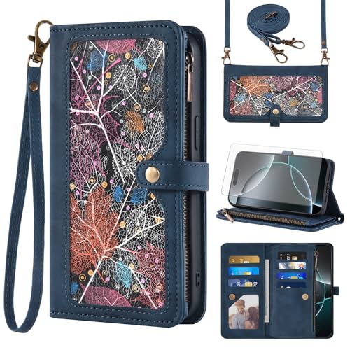 Protection iPhone 17 Pro Asuwish étui portefeuille en cuir pliable bleu avec film écran