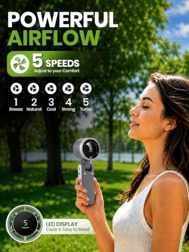 Image of EcoNour Handheld Fan Rechargeable, Portable Mini USB Fan with 5 Speeds, 13550 RPM High-Speed Personal Cooling Fan, Foldable Battery Operated Travel Fan for Home, Office & Outdoor - Black