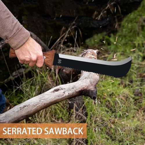 Billhook Sickle Machetes with Saw, 15.6\" Sharp Machete with No-Slip Wood Handle and Nylon Sheath, Sickle Survival Knife Machete for Gardening, Camping, Hunting, Survival, Bushcraft and Yard Work - Thumbnail 5