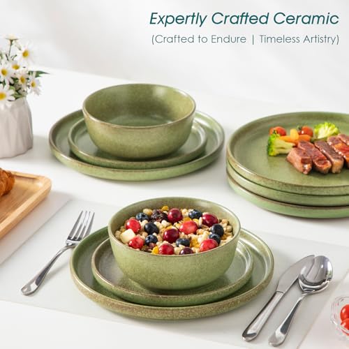 Image of vancasso Plates and Bowls Sets, 24 Pieces Stoneware Dinnerware Set for 8, Ceramic Dish Set for Kitchen, Microwave and Dishwasher Safe, Mossy Green, Series ZERMATT