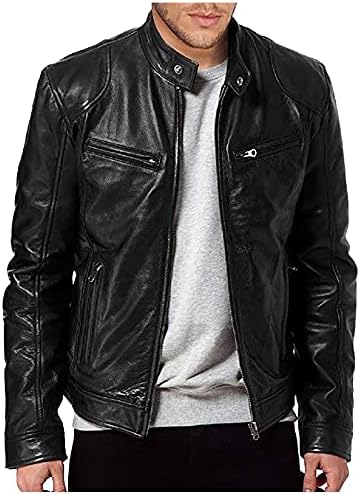 WENKOMG1 Men Faux Leather Jacket, Fall/Winter Thickening Coat Long Sleeve Zip Up Outwear Sports Basic Parka with Pocket Solid Color Turtleneck Anoraks Loose Motorcycle Jacket(A-Black,Medium)