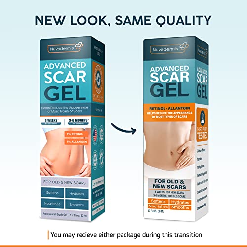 Nuvadermis Scar Cream Gel - Retinol, Allantoin, Vitamin E, Betaine - C-Section, Tummy Tuck, Keloid, And Surgical Scars- Post Surgery Supplies - Surgical Scar Management - 1.7 Oz Pump Bottle #TOP1