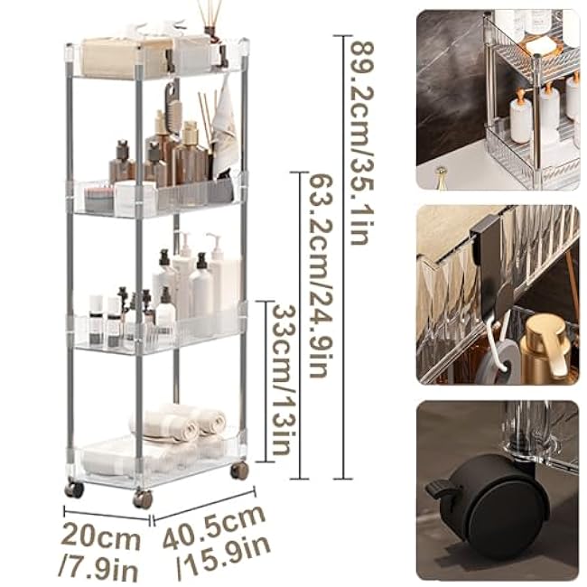 4-Tier Slim Rolling Cart with Lockable Wheels, Mobile Storage Trolley Acrylic Bathroom Organizer, Mobile Shelving Unit,Clear,16 Dx7.9 Wx35 H-E2seAmPV