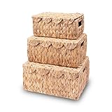 LUSYDECO Set of 3 Scalloped Edge Wicker Basket with Lid, Rectangle Wicker Storage Basket with Built-in Handles, Multipurpose Organizer Rattan Display Boxes for Shelf, Nursery Room