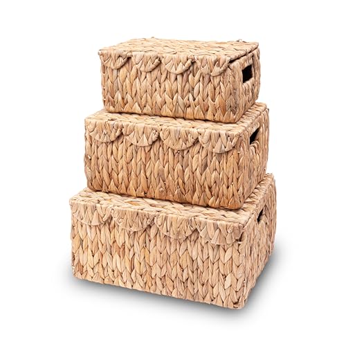 LUSYDECO Set of 3 Scalloped Edge Wicker Basket with Lid, Rectangle Wicker Storage Basket with Built-in Handles, Multipurpose Organizer Rattan Display Boxes for Shelf, Nursery Room