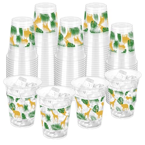 ZCPTZ 100 Pcs Jungle Safari Animals Cups - 12oz Wild Animals Theme Party Disposable Plastic Cups for Safari, Birthday, Baby Shower