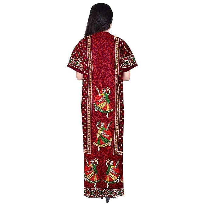 Image of NILOUFO Women's Cotton Printed Maxi Nighty - Pack of 2 | Soft Ankle-Length Sleepwear Gowns for Women | Free Size Night Dresses (Maroon,Blue, Free Size)