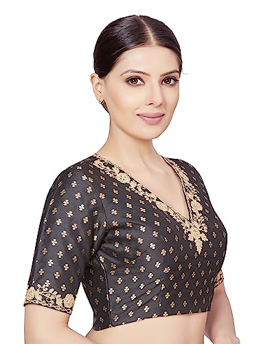 Image of Studio Shringaar Women's Brocade Embroidered V-Neck Readymade Elbow Length Sleeves Saree Blouse