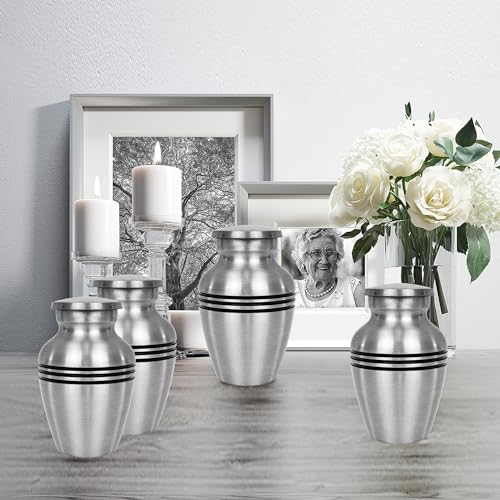 Trupoint Memorials Small Urns for Human Ashes Keepsake, Pewter Decorative Mini Cremation Urn for Adult Men & Women, Set of 4, Silver Lining
