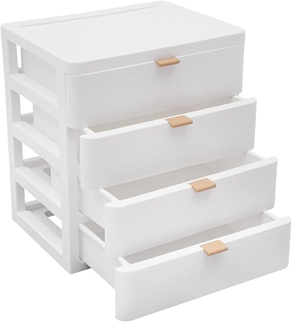 4 Drawers Stackable Desktop Storage Drawers Plastic Unit White Makeup Modern Drawer Organiser With Multifunctional, Space Saving for Office School Supplies Home Cosmetics 26 * 20.2 * 29cm