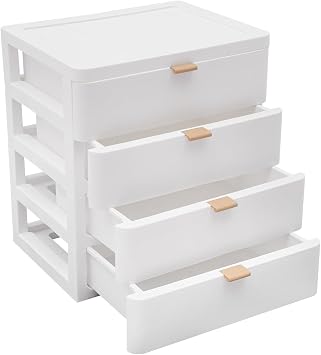 4 Drawers Stackable Desktop Storage Drawers Plastic Unit White Makeup Modern Drawer Organiser With Multifunctional, Space Saving for Office School Supplies Home Cosmetics 26 * 20.2 * 29cm