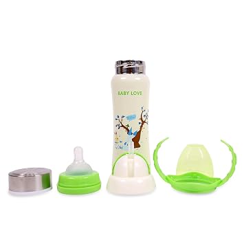 3in1 Anti-Colic Printed Baby Bottle with Soft Silicone Nipple, Sipper & Straw - 240 ml | Ideal for Newborn & Toddlers Upto 3 Years | BPA Free Stainless Steel - Green