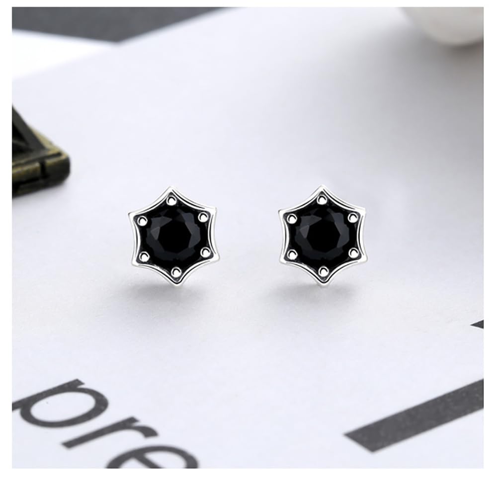 Sechseckige Stern-Ohrstecker aus Silber mit schwarzen Diamanten, Sterling-Zirkonia-Ohrringe für Damen/Herren, 8 mm
