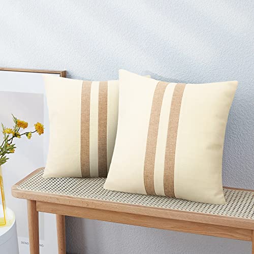 Set of 2 White Linen Patchwork Throw Pillow Covers 18X18 Farmhouse Decorative Square Striped Pillowcases for Couch Sofa Living Room Outdoor Decor - Thumbnail 6