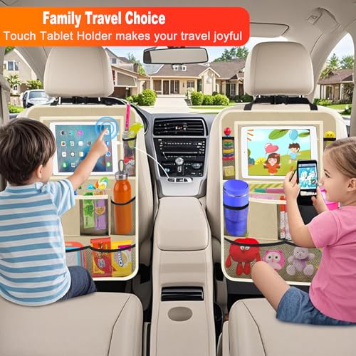 Image of Car Backseat Organizer ,2 Pack Car Organizer Back Seat with 11 inch Tablet Holder, 10 Storage Pockets Seat Back Protectors Kick Mats for Kids Toddlers, Travel Accessories (Beige)