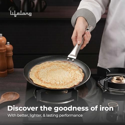 Image of Lifelong Carbon Steel (Iron) Omni Tawa 26cm | Lightweight Multipurpose Flat Tawa for Roti, Dosa & Pancake | Naturally Seasoned Non-Stick Surface | Induction & Gas Compatible | Stainless Steel Handle