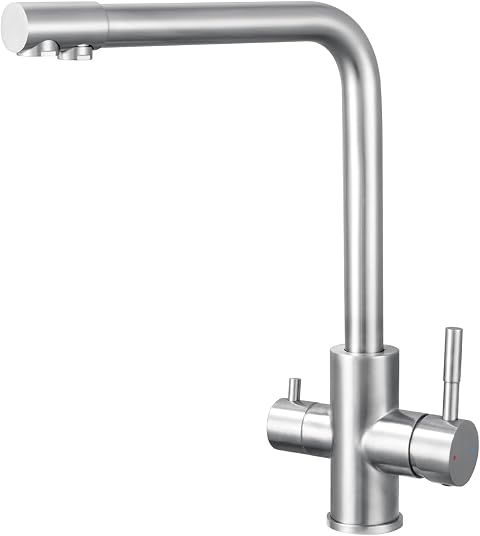 Rubinetto Cucina 3 Vie per Depuratore, Rubinetto Lavello Cucina Con 2 Leve, Miscelatore Cucina con Acqua Calda, Fredda e Acqua Purificata, Miscelatore 3 Vie Acciaio Inossidabile Spazzolato
