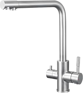 Grifo Cocina 3 Vías, Grifo Osmosis con 2 Palancas, Grifo de Cocina Fregadero con Agua Fría y Caliente y Agua Filtrada, Acero Inoxidable Cepillado, Giratorio 360°（Sin Purificador de Agua）