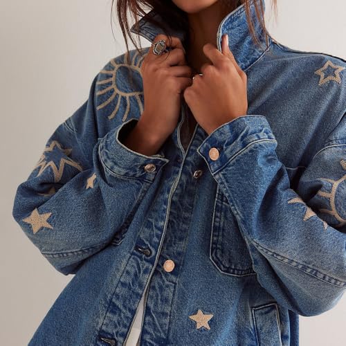 utcoco Women's Vintage Oversized Denim Jacket Embroidered Graphic Casual Loose Fit Button Down Jean Jacket3