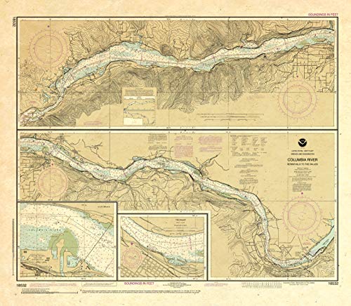 Paradise Cay Publications Antiqued NOAA Chart 18532: Columbia River Bonneville to The Dalles; The Dalles; Hood River