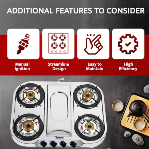 Image of GOLDEN SURYA Premium Stainless Steel | 4 Brass Burner | ISI Certified | 1 Year Warranty | Manual Ignition | PNG 4 Burner Gas Stove - Magma