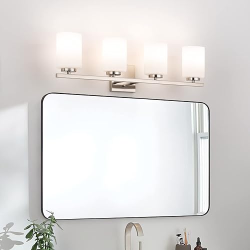 Miniatura 3 de mirrea Lámpara de tocador de baño moderna de 28 pulgadas con 4 luces con pantallas de vidrio blanco grabadas con acabado de níquel cepillado