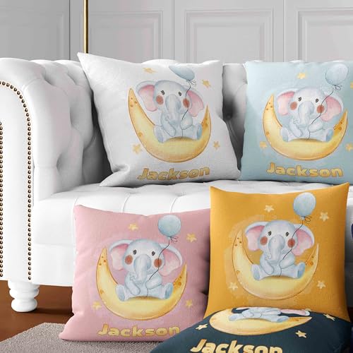 Personalised Baby Elephant Name Cushion Custom Pillow with Background Colour Choice Nursery Decor Sofa Bed Chair Cover Only or Filled
