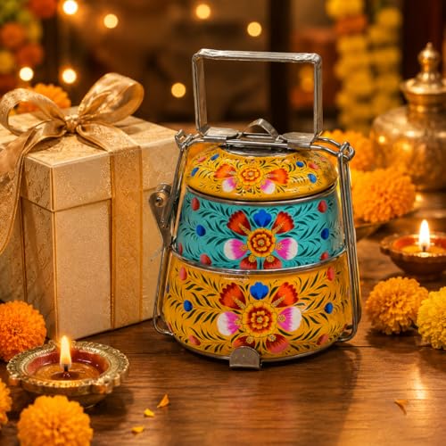 Image of iHandikart Handpainted Decorative Lunch Box Tiffin | Multiple Tier Stainless Steel Food Box | Designer Indian Print Tiffin for School | Diwali Gift, Navratri Gift (Color - Multicolor)