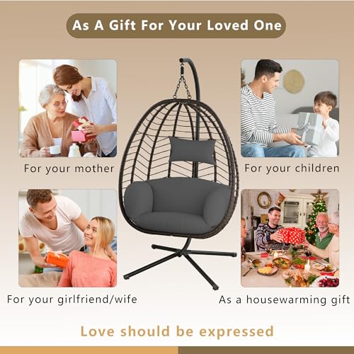 ASJMR Egg Swing Chair Outdoor Indoor Wicker Rattan Hanging Chair with Stand 350lbs Capacity w/Strong Frame & Grey Cushions for Patio Balcony Bedroom - Thumbnail 6