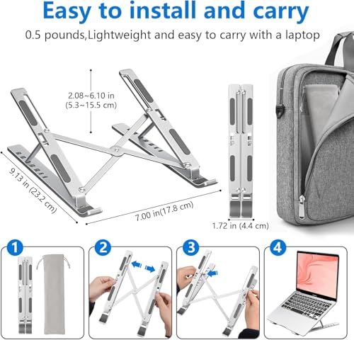 Image of Portable Laptop Stand Adjustable Height | Foldable Aluminum Laptop Holder with Anti-Slip Base & Heat Dissipation | Ergonomic Notebook Stand for MacBook, HP, Dell, Lenovo (10-17 Inch, Gray)