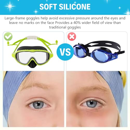 Image of Proberos Swimming Goggles for Kids, 2-in-1 Wide View Goggles Lenses with Anti-Choke Nose Cover & Intergrated Earplugs, Adjustable Headstrap No Pressure Swim Goggles for Children for 4-12 Years, Green