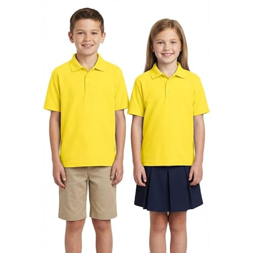 Kids Polo Shirt Boys Girls School Uniform Plain Short Sleeve Cotton Polycotton Childrens T-Shirt PE Sports Top Back to School Yellow 3-4 Year