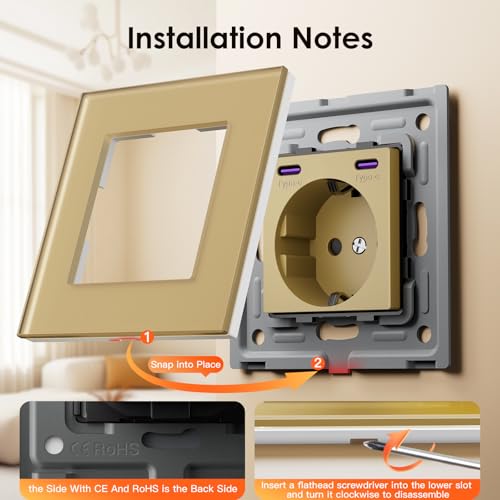 BSEED Schuko Steckdose mit Type C 20W Schnellladeger&auml;t, Typ C + Typ C Steckdose Unterputz, 4 Fach EU-Standard Wandsteckdose mit Glas Platte, 299mm, Gold