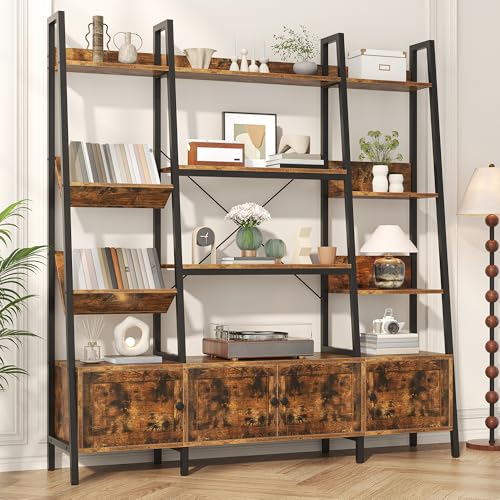 Nosepen Ladder Bookshelf with 4 Doors and Adjustable Shelves