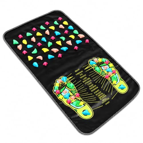 Generic acupressure mat in black with a printed foot reflexology chart at one end — shows the guide markings for foot placement.