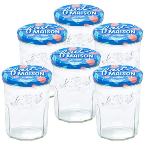 Le Parfait Jam Jars Clear Canning Jars w/Colorful Airtight Metal Lids | Sturdy French Faceted Non-Slip Glass Body | Works for Jam + Jelly Storage, Snacks, Picnic, DIY | 13oz (Pack of 6) 385ml Cover