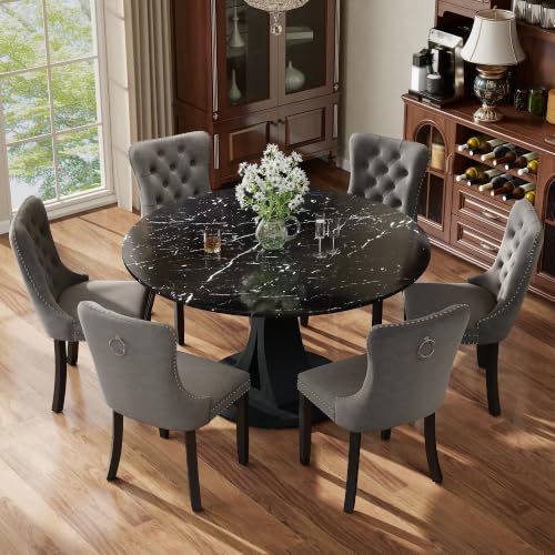 Image of 7-Piece Dining Table Set for 6 with 47 In Black Faux Marble Round Table