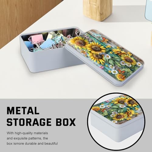 Image of Metal Tin Box with Lid for Game Cards Home Organizer Candles Keys Crafts Storage - Equipped with 4 Magnetic Cord Clips，Sunflowers Daisies and Butterflies