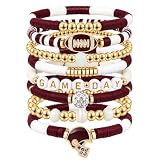 Artlunar Game Day Bracelets Stack Football Bracelet for Women Men Stackable Football Charm Bracelet Game Day Accessories Football Mom Outfit Jewelry (Burgundy/White)