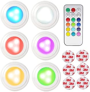 RGB Under Cabinet Lights Battery Powered LED Wireless Puck Light with Remote Control and Timer,Colour Changing Push Lights, Stick on Light for Under Cupboards Counter (6 Pack)